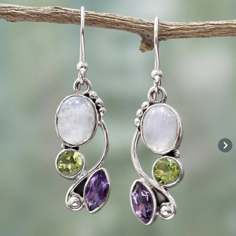 Rainbow Moonstone Peridot Amethyst Earrings 💜💚💙